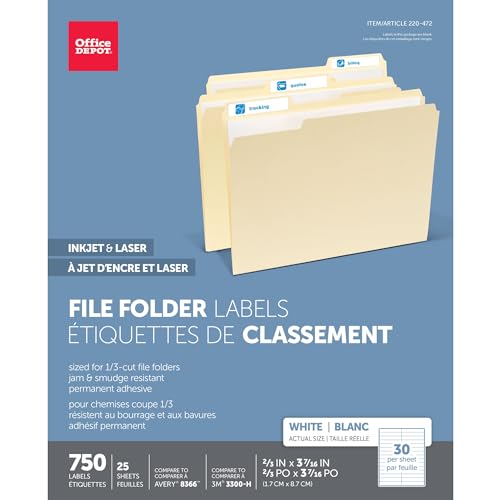 Office Depot ملصقات ملفات مكتب ديبوت البيضاء الدائمة للطابعات النافثة للحبر/الليزر، 2/3 بوصة × 3 7/16 بوصة، بيضاء، عبوة من 750، 505-0004-0011 - Image 2