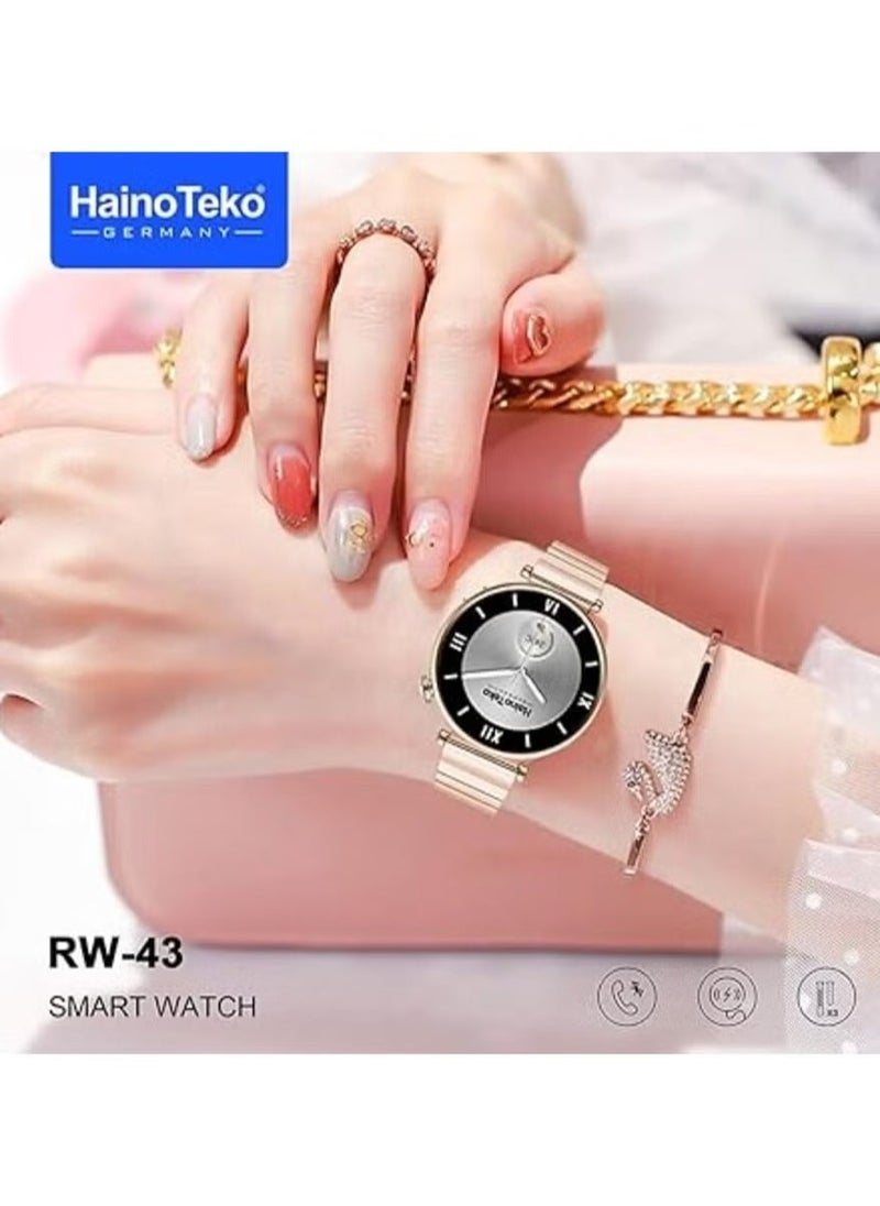 Haino Teko RW43 Round Shape AMOLED Smart Watch for Ladies | Stylish Rose Gold Bracelet, 3 Interchangeable Straps, Fitness Tracker, Heart Rate Monitor, Sleep Tracker, IP68 Waterproof, Bluetooth Call, Compatible with iPhone & Android | Gold – Elegant Design with Advanced Features for Health Monitoring, Smart Notifications, and All-Day Comfort. Perfect for Fashion-Forward Women. - Image 3