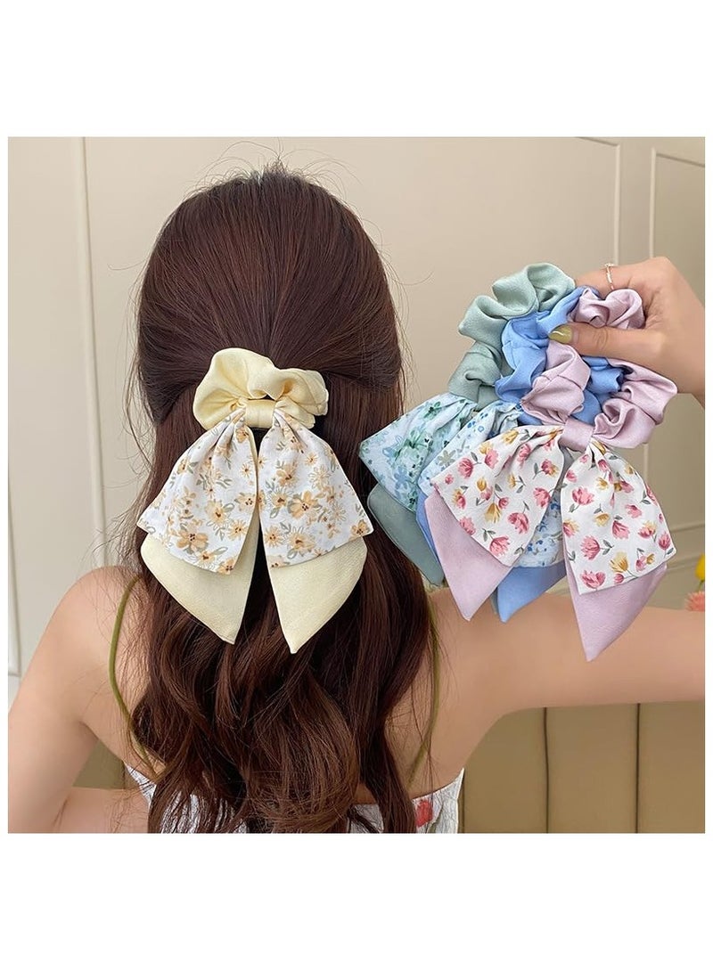 SOLARAE 5 Pcs Floral Hair Scarf Scrunchies Bowknot, hair ribbons Hand Bands Elastic Ropes Ponytail Holder Printed Flower, Bow Scrunchy Soft Scarf Hair Ties, Long Hair Bands Ties for Women Girls - Image 2