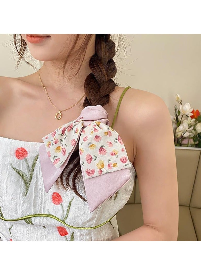 SOLARAE 5 Pcs Floral Hair Scarf Scrunchies Bowknot, hair ribbons Hand Bands Elastic Ropes Ponytail Holder Printed Flower, Bow Scrunchy Soft Scarf Hair Ties, Long Hair Bands Ties for Women Girls - Image 4