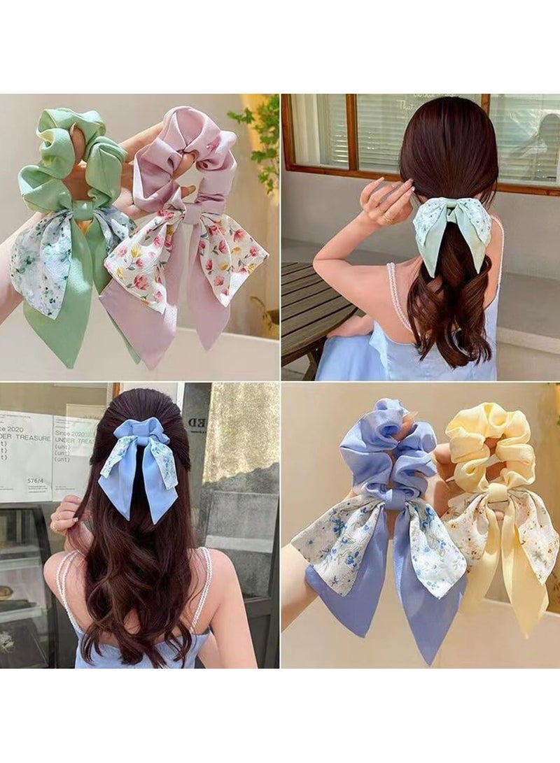 SOLARAE 5 Pcs Floral Hair Scarf Scrunchies Bowknot, hair ribbons Hand Bands Elastic Ropes Ponytail Holder Printed Flower, Bow Scrunchy Soft Scarf Hair Ties, Long Hair Bands Ties for Women Girls - Image 3