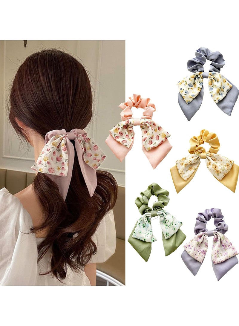SOLARAE 5 Pcs Floral Hair Scarf Scrunchies Bowknot, hair ribbons Hand Bands Elastic Ropes Ponytail Holder Printed Flower, Bow Scrunchy Soft Scarf Hair Ties, Long Hair Bands Ties for Women Girls - Image 1