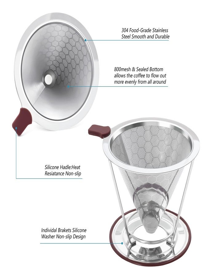 HAPYHOOM Pour Over Coffee Dripper Stainless Steel Coffee Filter Metal Cone Filter Paperless Reusable Single Cup Maker 1-2 Cup With Non-slip and Removable Cup Stand - Image 2