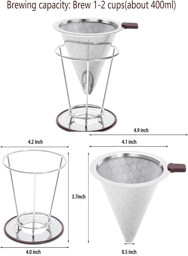 HAPYHOOM Pour Over Coffee Dripper Stainless Steel Coffee Filter Metal Cone Filter Paperless Reusable Single Cup Maker 1-2 Cup With Non-slip and Removable Cup Stand - Image 3