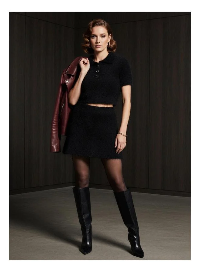 Sherin Black Polo Collar Short Sleeve Knit Sweater
