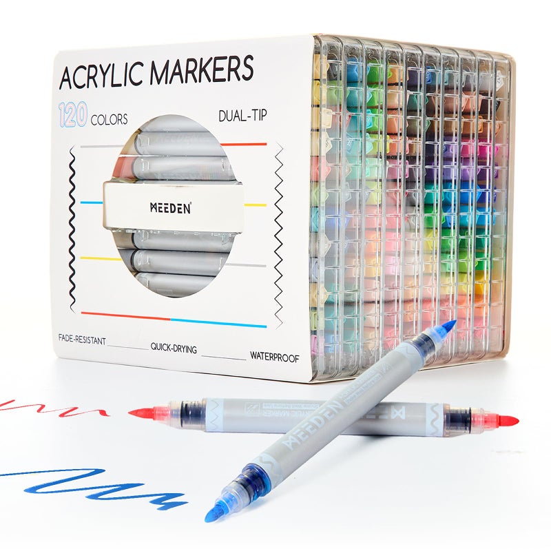 MEEDEN Artist Acrylic Paint Markers: 120 Colors Dual Tip Acrylic Marker with Brush & Round Tip for Art Supplies - Quick Dry Paint Pens with Automatic Ink Control for Wood, Canvas, Glass, Rock, Fabric - Image 1