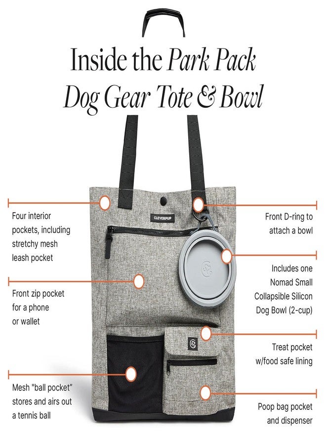 Cleverpup Park Pack 2-Piece Set Dog Gear Tote – Dog Travel Bag with 8 Pockets, Treat Pouch, Poop Bag Dispenser, Quick-Dry Ball Pocket, Collapsible Bowl, Perfect for Walks & Park Trips, Heather Grey - Image 2