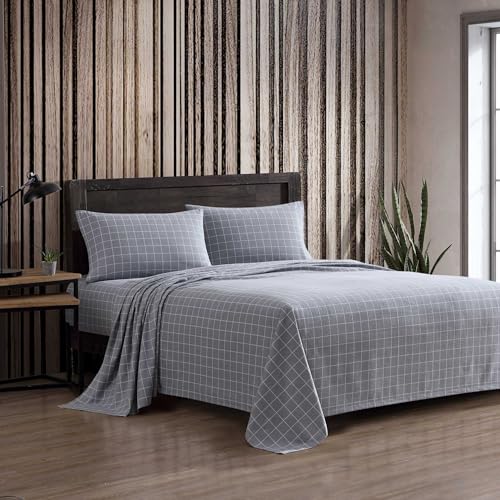 Eddie Bauer Full Bed Sheets Cotton Flannel Bedding Set with Matching Pillowcases Brushed for Extra Softness Deep Pocket OekoTex Certified Great Plains Plaid Grey - Image 1