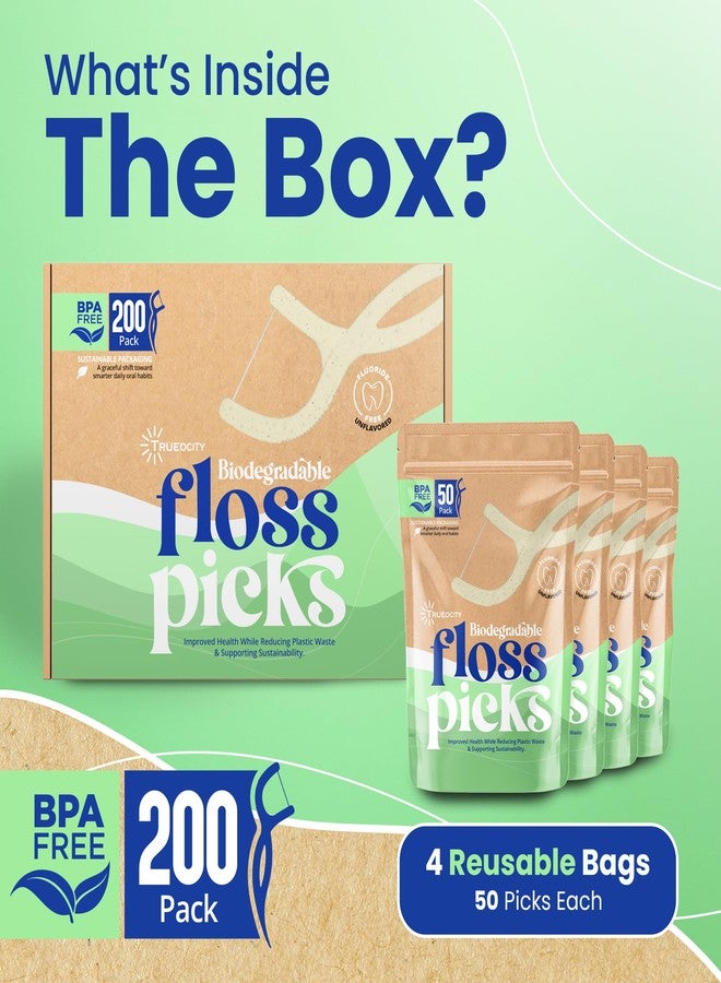 Trueocity Biodegradable Floss Picks, 200 Count, 4 Cases, Dental Floss Picks that are Plant-Based, Non-Toxic flossers Biodegradable, Sustainable Vegan Floss, Also eco-Friendly Tooth flossers,Oral Care Solution - Image 2