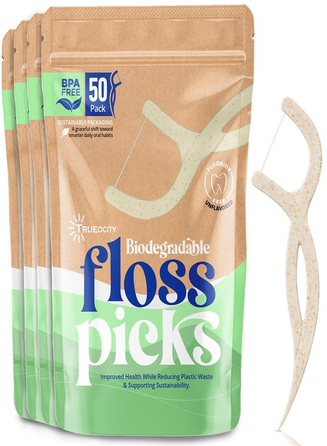 Trueocity Biodegradable Floss Picks, 200 Count, 4 Cases, Dental Floss Picks that are Plant-Based, Non-Toxic flossers Biodegradable, Sustainable Vegan Floss, Also eco-Friendly Tooth flossers,Oral Care Solution - Image 1
