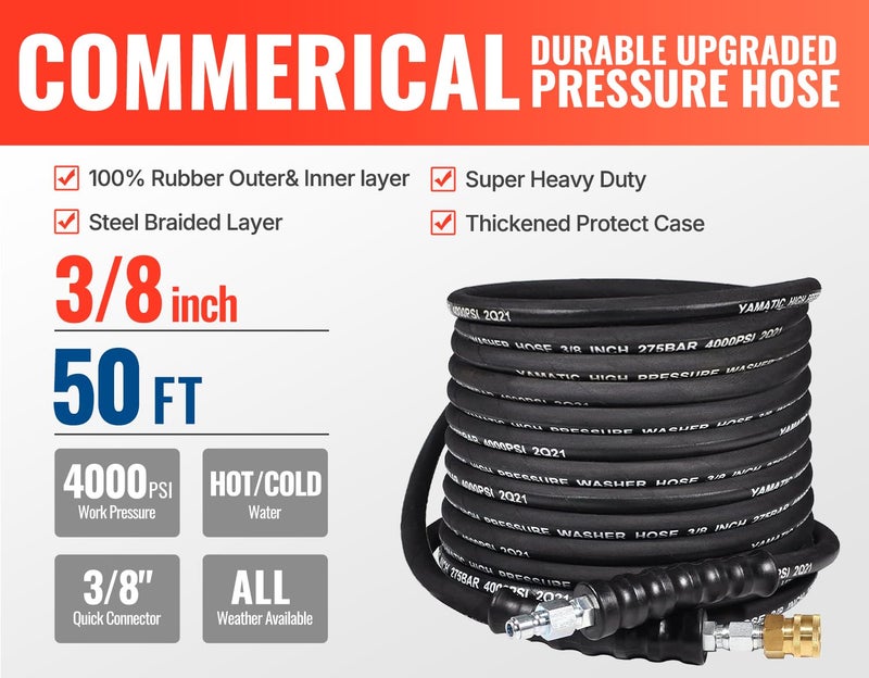 YAMATIC 3/8" Kink Resistant Pressure Washer Hose 50FT, Swivel 3/8" Quick Connector, 4000 PSI High Durability Cold Hot Water Max. 212°F, Fit Most Residential and Commercial Pressure Washer - Image 2