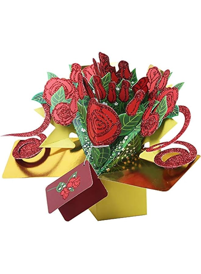 إيروريكس بطاقة تهنئة ثلاثية الأبعاد من الورود الحمراء المنبثقة للنساء والزوجة والابنة والجدة وعيد الأم وعيد الحب مع مسحوق الذهب - Image 1