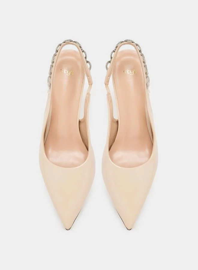 Styli Embellished Slingback Pointed Toe Pumps