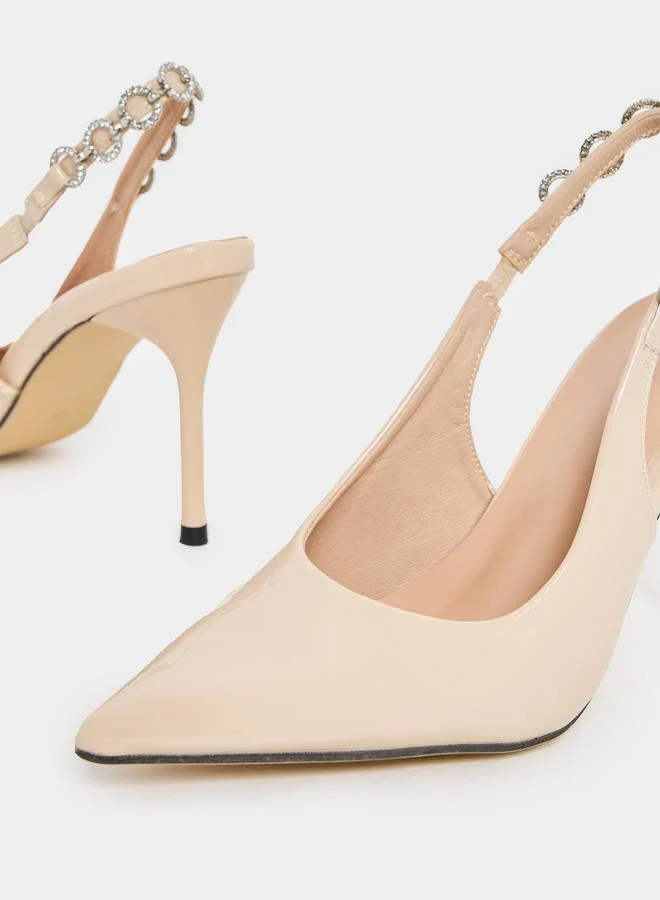 Styli Embellished Slingback Pointed Toe Pumps