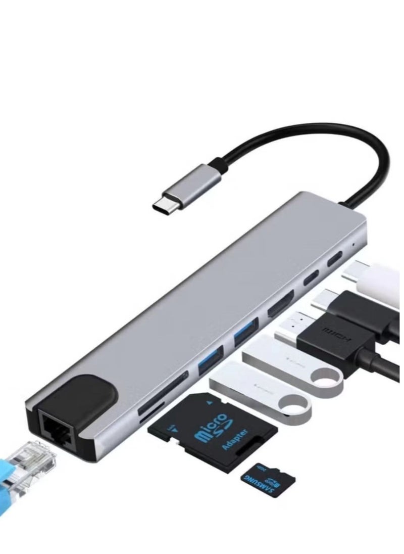 FLOWING - USB C Hub, 8 in 1 Type C Hub Multiport Adapter with 4K HDMI, PD Power Delivery, USB-C, Ethernet, 2 USB, SD/TF Card Reader Compatible with Mac Book Pro XPS and More Type C Devices - Image 1