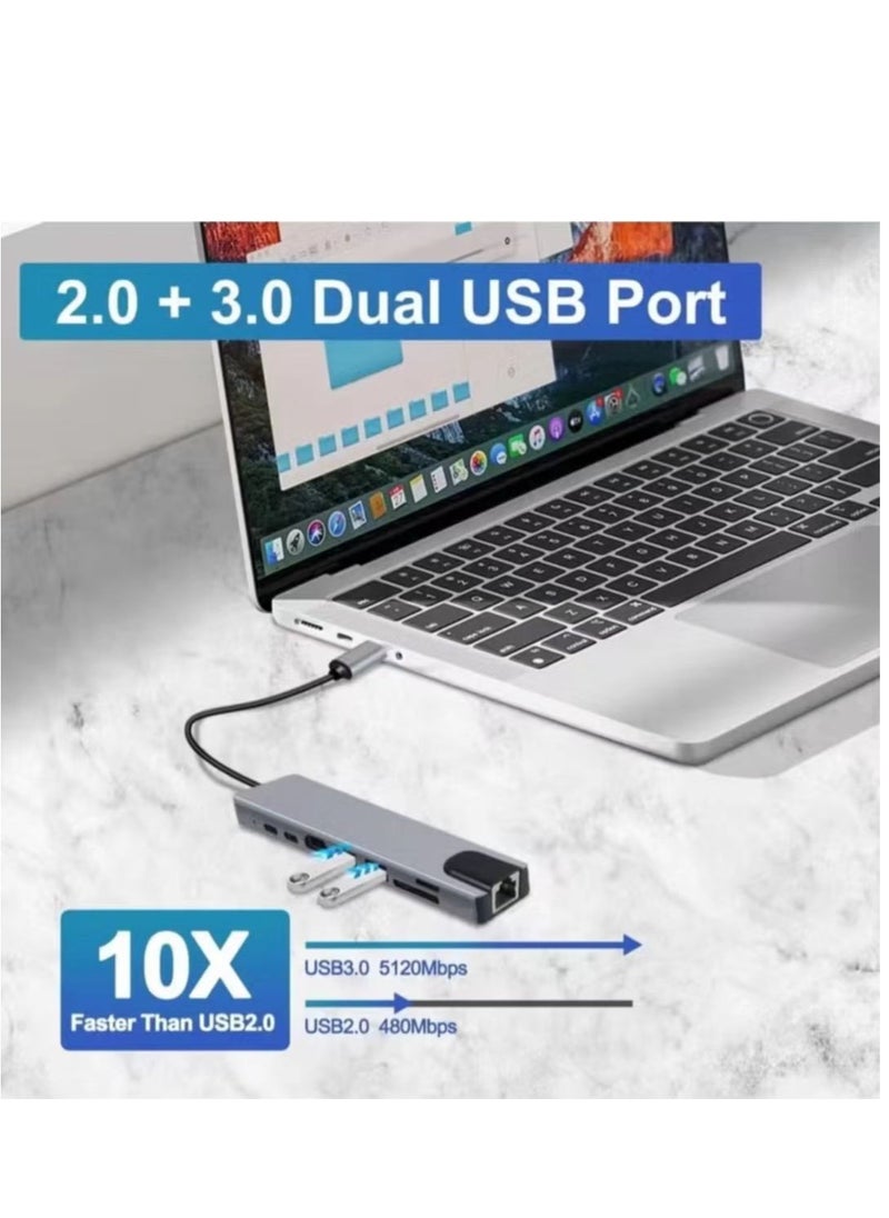 FLOWING - USB C Hub, 8 in 1 Type C Hub Multiport Adapter with 4K HDMI, PD Power Delivery, USB-C, Ethernet, 2 USB, SD/TF Card Reader Compatible with Mac Book Pro XPS and More Type C Devices - Image 1