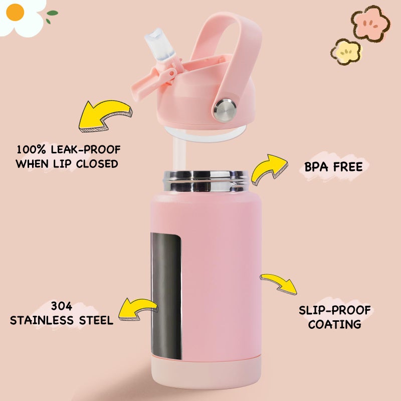 Kerilyn 12oz Kids Water Bottle, Stainless Steel Insulated Water Bottle For Kids, Toddler Cup With Straws Leak-proof, Kids Water Bottles For School Boys Girls, BPA Free, Pink - Image 2