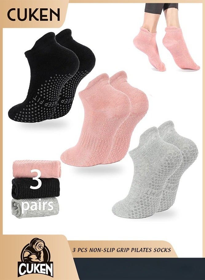 Cuken 3 PCS Non-slip Grip Pilates Socks for Women, Athletic Yoga Socks with Anti-Skid Dots for Workout (Black/Pink/Gray) - Image 1