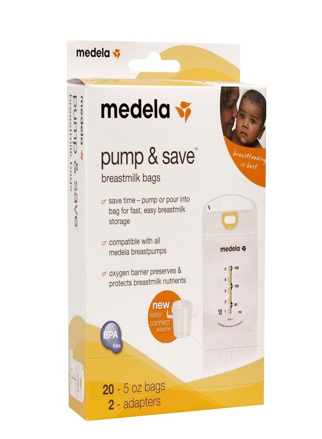 Medela Pump & Save Breast Milk Storage Bags, 20 Count Pack, Breastmilk Freezer Bags, Pour or Pump Directly into Bags with Included Easy Connect Adaptors, Made Without BPA - Image 1