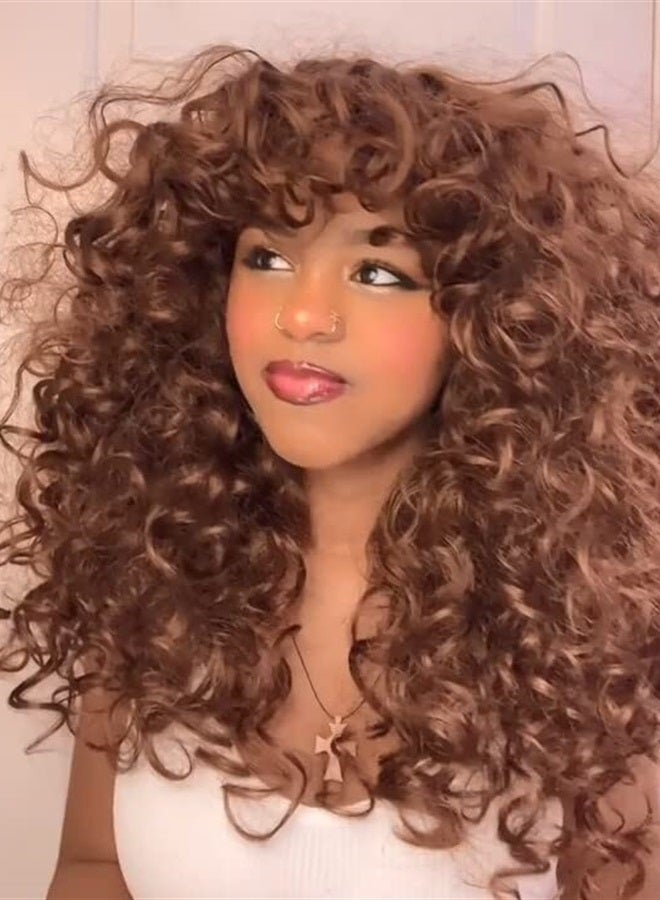 Annivia Brown Curly Wig with Bangs for Black Women Kinky Long Curly Wigs Synthetic Hair Daily Use Cosplay 17 Inch - Image 1