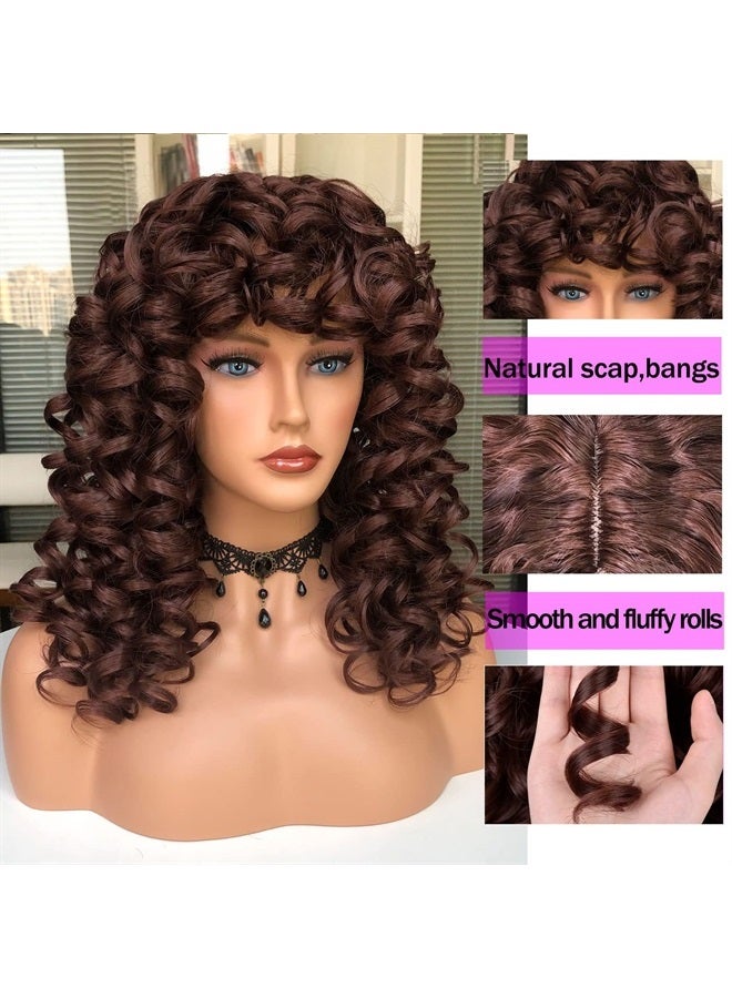 Annivia Brown Curly Wig with Bangs for Black Women Kinky Long Curly Wigs Synthetic Hair Daily Use Cosplay 17 Inch - Image 3