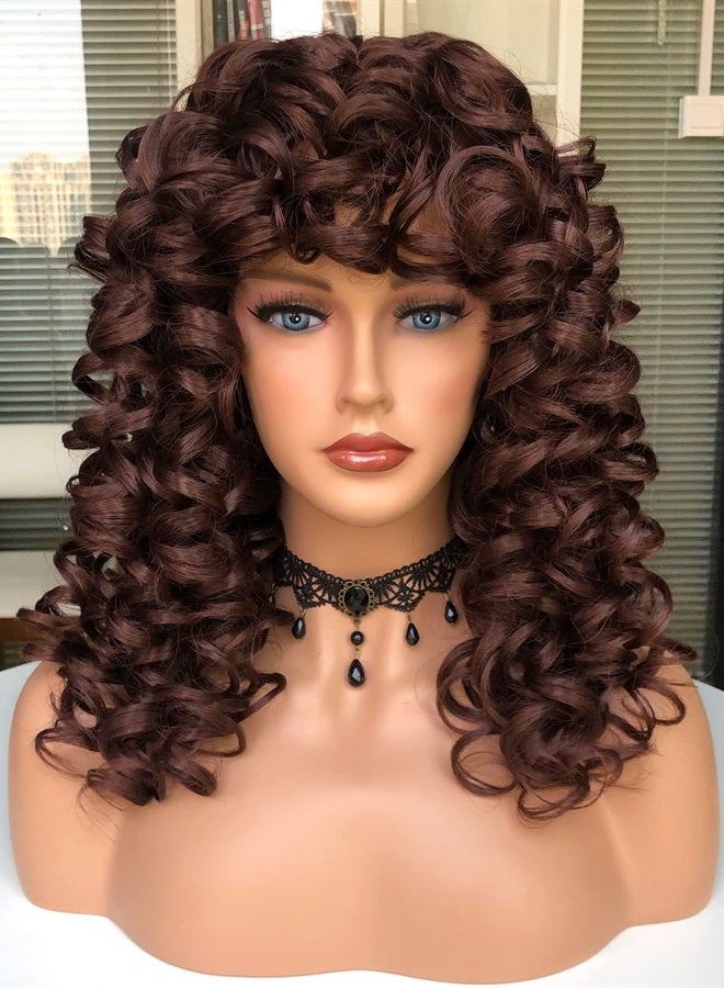 Annivia Brown Curly Wig with Bangs for Black Women Kinky Long Curly Wigs Synthetic Hair Daily Use Cosplay 17 Inch - Image 2