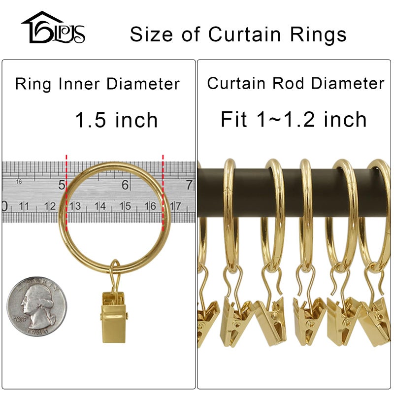 LLPJS 60 Pack Metal Curtain Rings with Clips, Curtain Clip Rings Hooks for Hanging Drapery Drapes Bows, Curtain Rod Rings 1.5 inch Interior Diameter, Gold - Image 3