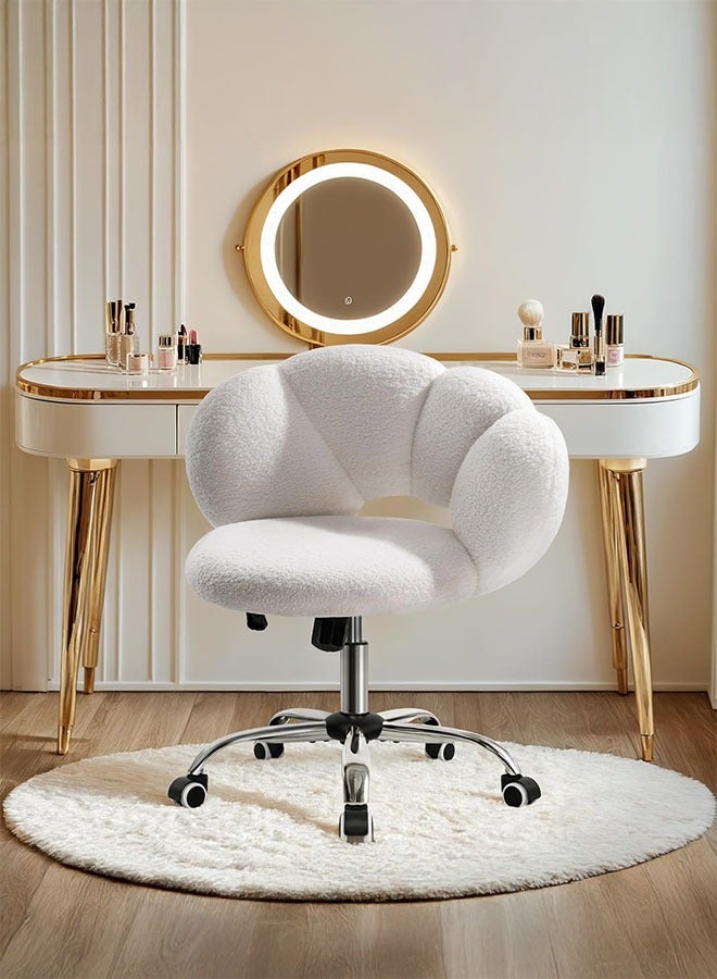 LEDIN Cloud-Shaped Vanity Desk Chair Boucle Upholstered with Adjustable Height, Swivel Wheels & Plush Teddy Fabric, Cute Vanity Chair for Home Office, Bedroom, Dressing Room (White) - Image 1