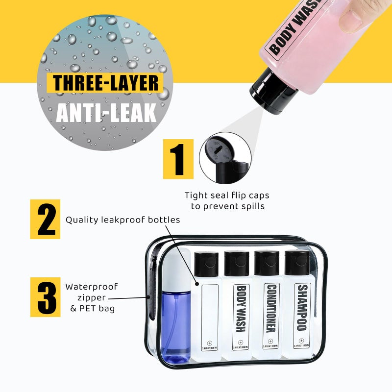 GearTrust Labeled Travel Bottles for Toiletries, 3.4oz TSA Approved Travel Shampoo and Conditioner Bottles with Spray, Leak Proof Clear Plastic Containers with Flip Cap-5 PCS - Image 3