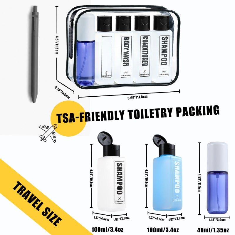 GearTrust Labeled Travel Bottles for Toiletries, 3.4oz TSA Approved Travel Shampoo and Conditioner Bottles with Spray, Leak Proof Clear Plastic Containers with Flip Cap-5 PCS - Image 2