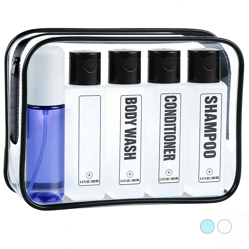 GearTrust Labeled Travel Bottles for Toiletries, 3.4oz TSA Approved Travel Shampoo and Conditioner Bottles with Spray, Leak Proof Clear Plastic Containers with Flip Cap-5 PCS - Image 1