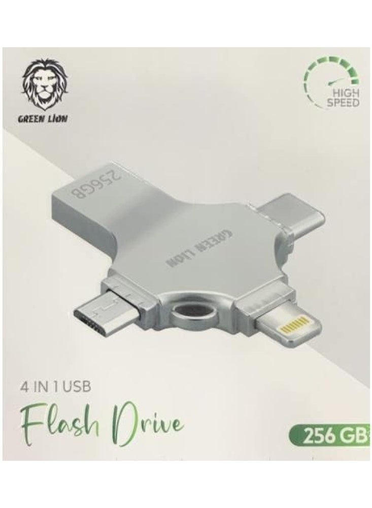 جرين ليون محرك أقراص فلاش USB عالي السرعة 4 في 1 لنقل البيانات بسعة 256  جيجابايت / USB-A / USB-C / Lightening / Micro / سعة تخزين كبيرة / تصميم محمول - Image 1