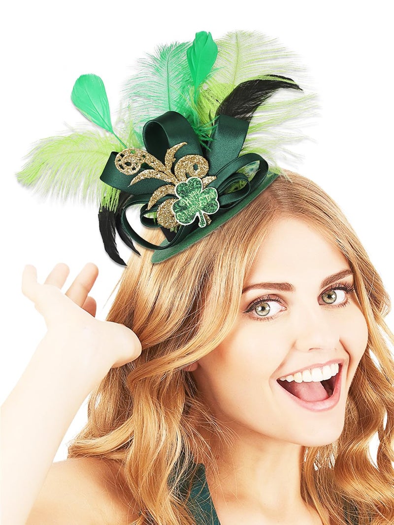 Urieo St Patricks Day Feather Hat Hair Clips Mini Leprechaun Green Shamrock Hairpin Irish Costume Party Hair Clip Accessories for Women