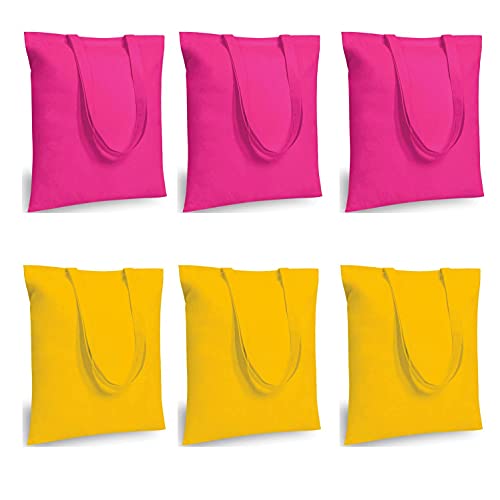 Lify Cotton Tote Shopping Bags with Extra Strong 14" Handle, Light Weight Washable, Eco-Friendly Biodegradable Canvas Multipurpose Grocery Bag, Pink 3 Piece & Yellow 3 Piece x (PACK OF 6) - Image 1