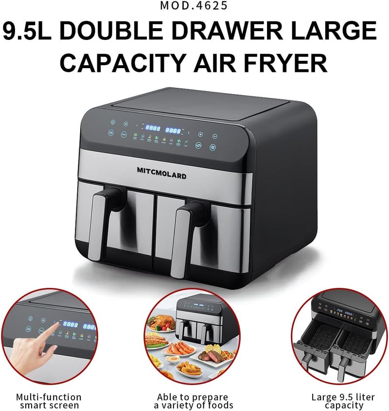 MITCMOLARD Air Fryer Dual, 9.5L, Staineless Steel, Flip-Free, 8 Preset Programs, Oil Free | Stainless Steel Airfryer, Digital Rapid, , Rapid Hot Air Circulation Technology - Image 3