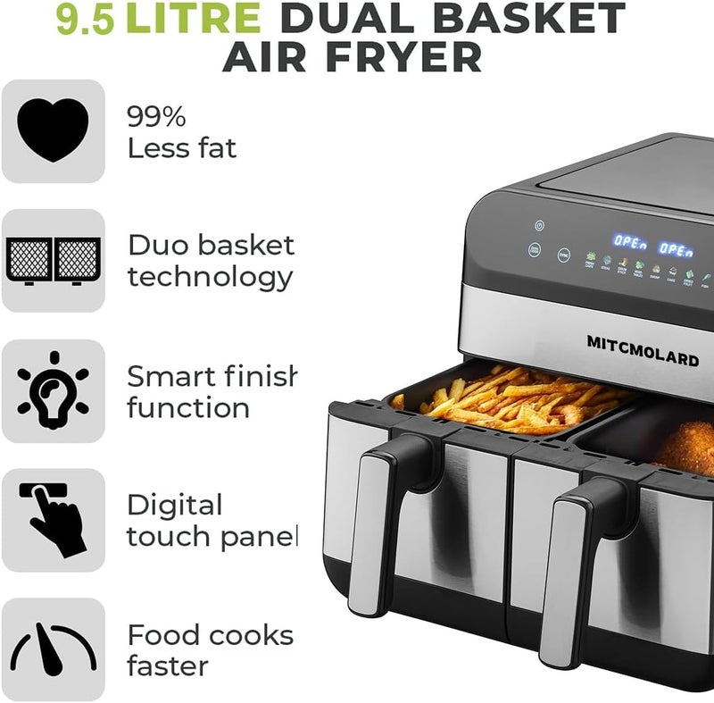 MITCMOLARD Air Fryer Dual, 9.5L, Staineless Steel, Flip-Free, 8 Preset Programs, Oil Free | Stainless Steel Airfryer, Digital Rapid, , Rapid Hot Air Circulation Technology - Image 4