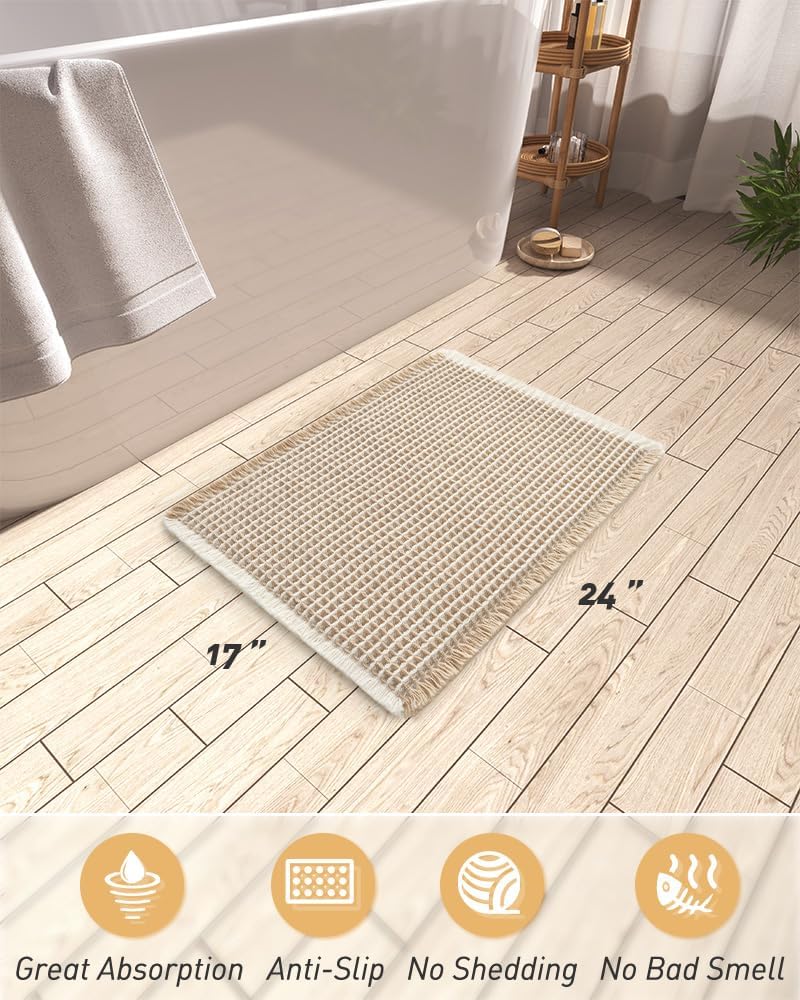 AMOAMI Upgraded Waffle Bath Mat, Super Absorbent Non Slip Bath Mats for Bathroom Floor, Machine Washable Bathroom Rugs with Tassels, Rubber Backed Bathroom Mats, Ultra Soft, 17" x 24",Brown & Cream - Image 2
