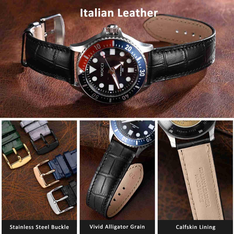 WOCCI 14mm Watch Band, Italian Leather, Embossed Alligator Grain, Gold Buckle (Black) - Image 3