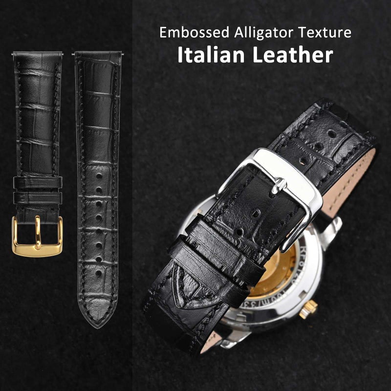 WOCCI 14mm Watch Band, Italian Leather, Embossed Alligator Grain, Gold Buckle (Black) - Image 2