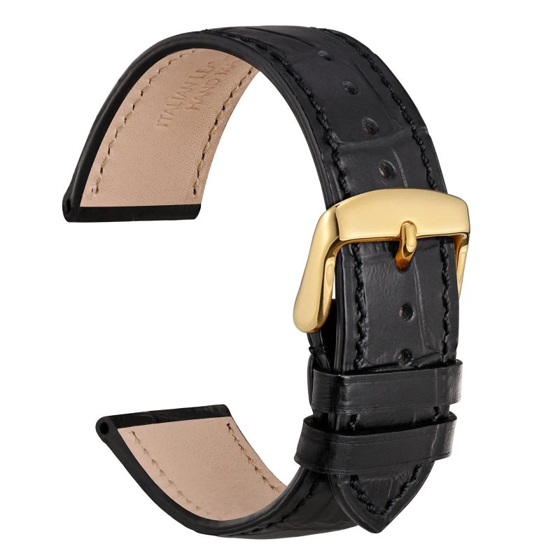 WOCCI 14mm Watch Band, Italian Leather, Embossed Alligator Grain, Gold Buckle (Black) - Image 1