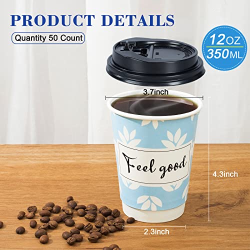Bapmnicc Disposable Coffee Cups with Lids 12 oz, 50 Pack Double-Walled Paper Coffee Cups with Fun Designs, Insulated Hot Beverage Paper Cups for Cold & Hot Drinks - Image 5