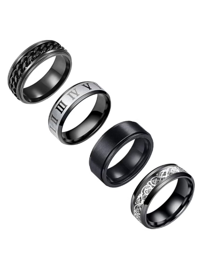4 قطع خواتم ستانلس ستيل للرجال - مجموعة بسيطة سوداء كلاسيكية (عرض 8 مم) خاتم زواج، تخفيف القلق وإكسسوار موضة 57mm