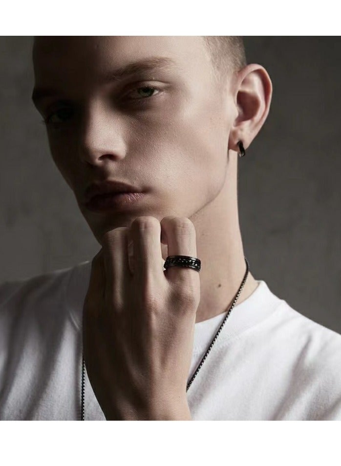 4 قطع خواتم ستانلس ستيل للرجال - مجموعة بسيطة سوداء كلاسيكية (عرض 8 مم) خاتم زواج، تخفيف القلق وإكسسوار موضة 57mm