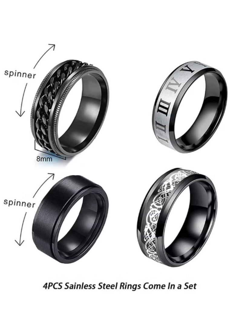 4 قطع خواتم ستانلس ستيل للرجال - مجموعة بسيطة سوداء كلاسيكية (عرض 8 مم) خاتم زواج، تخفيف القلق وإكسسوار موضة 57mm