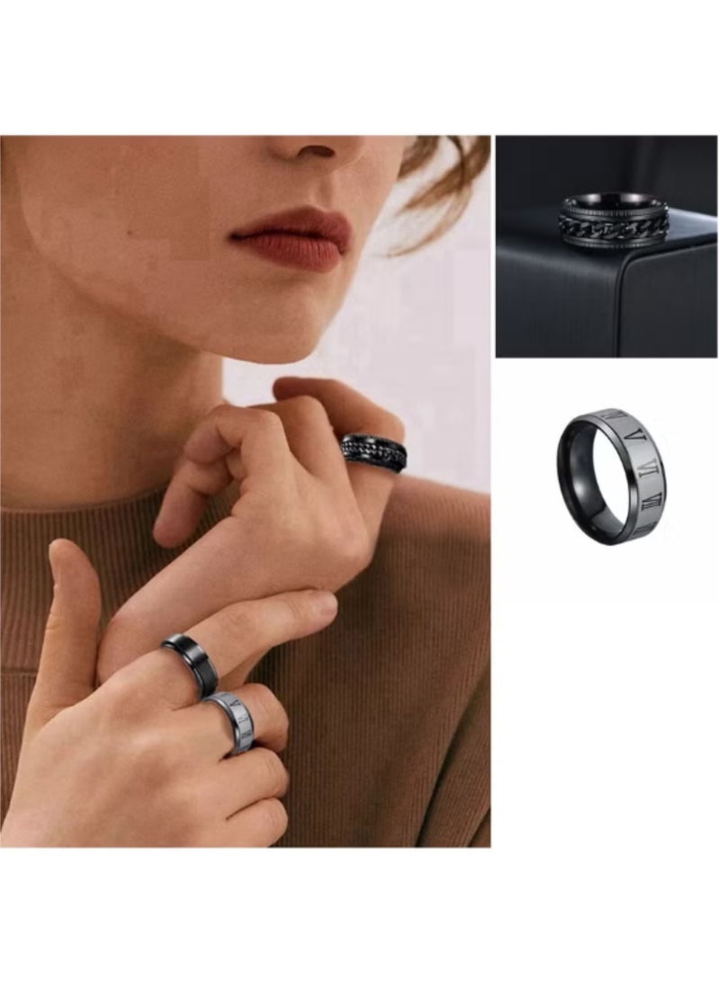 4 قطع خواتم ستانلس ستيل للرجال - مجموعة بسيطة سوداء كلاسيكية (عرض 8 مم) خاتم زواج، تخفيف القلق وإكسسوار موضة 57mm