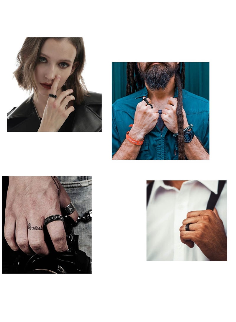 4 قطع خواتم ستانلس ستيل للرجال - مجموعة بسيطة سوداء كلاسيكية (عرض 8 مم) خاتم زواج، تخفيف القلق وإكسسوار موضة 57mm