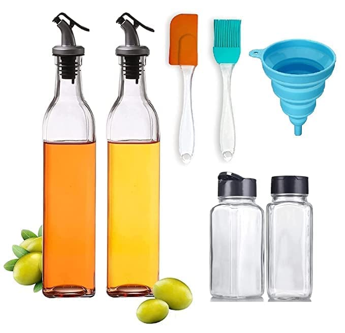 Dcloud 500 ml Oil Bottle Set of 2 Glass Square Spice Jar Set of 2 Silicone Funnel Oil Brush Spatula Combo Pack of 7 - Image 1