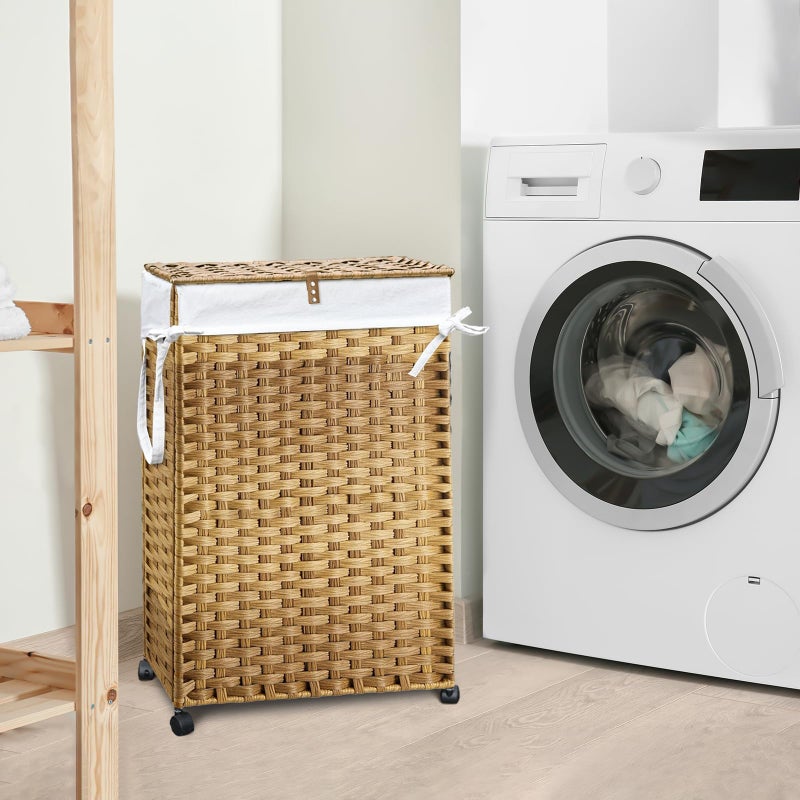 Hiagnete 70L Slim Laundry Hamper with Lid & Wheels, 2-Park Rolling Laundry Basket with 4 Removable Liner Bags & 3 Mesh Bags, Narrow Dirty Clothes Basket, Foldable Handwoven Rattan Laundry Sorter, Natural - Image 2