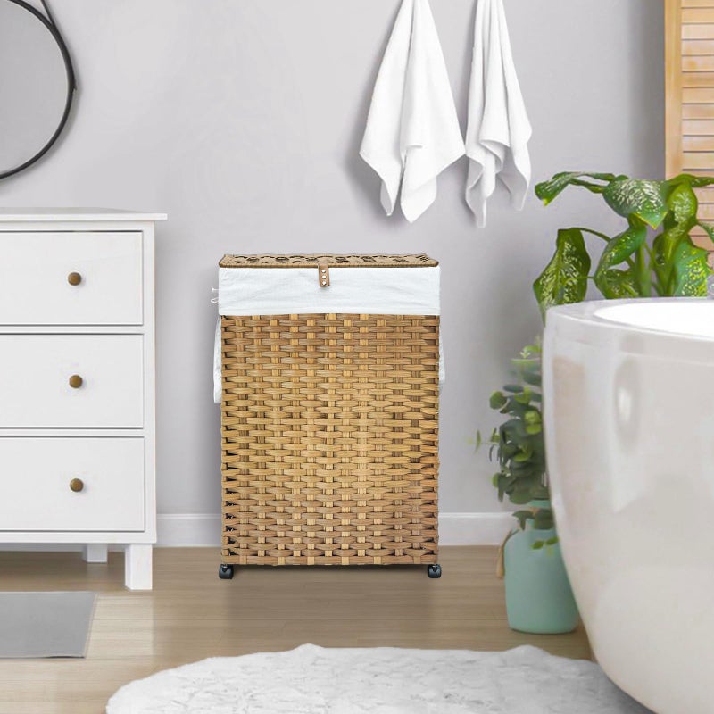 Hiagnete 70L Slim Laundry Hamper with Lid & Wheels, 2-Park Rolling Laundry Basket with 4 Removable Liner Bags & 3 Mesh Bags, Narrow Dirty Clothes Basket, Foldable Handwoven Rattan Laundry Sorter, Natural - Image 3