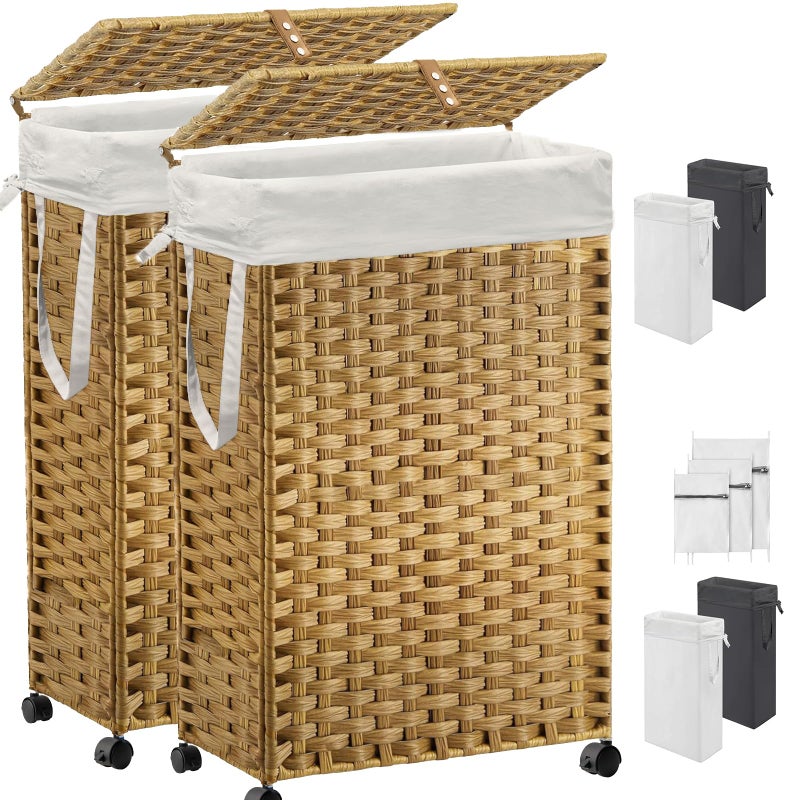 Hiagnete 70L Slim Laundry Hamper with Lid & Wheels, 2-Park Rolling Laundry Basket with 4 Removable Liner Bags & 3 Mesh Bags, Narrow Dirty Clothes Basket, Foldable Handwoven Rattan Laundry Sorter, Natural - Image 1